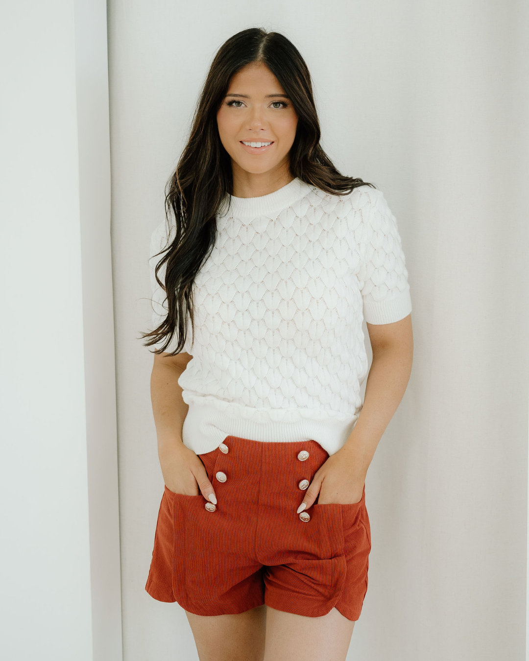Magnolia Textured Knit Ribbed High Neck Short Sleeve Sweater - White