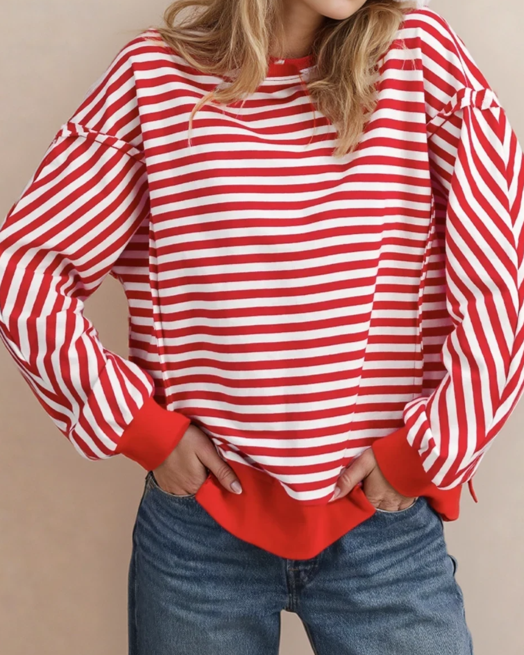 Annie Exposed Seam Drop Shoulder Long Sleeve Top - Red