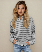 Arianna Stripe Button Front Ribbed Trim Short Cardigan