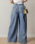 Cora Stripe Button Pleated Drawstring Waist Casual Wide Leg Jeans