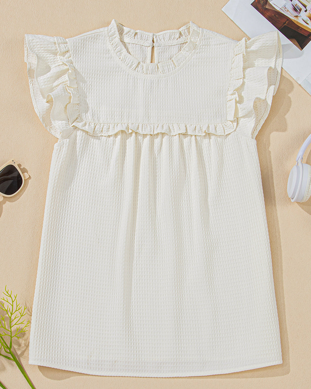 Clover Ruffle Trim Waffle Textured Blouse