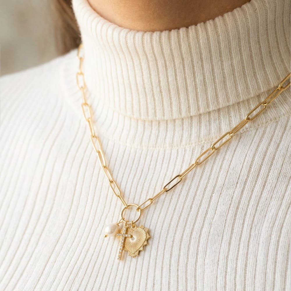 Anarchy Street - Gold Dipped Cz Pave Cross Pearl And Heart Charms Chain