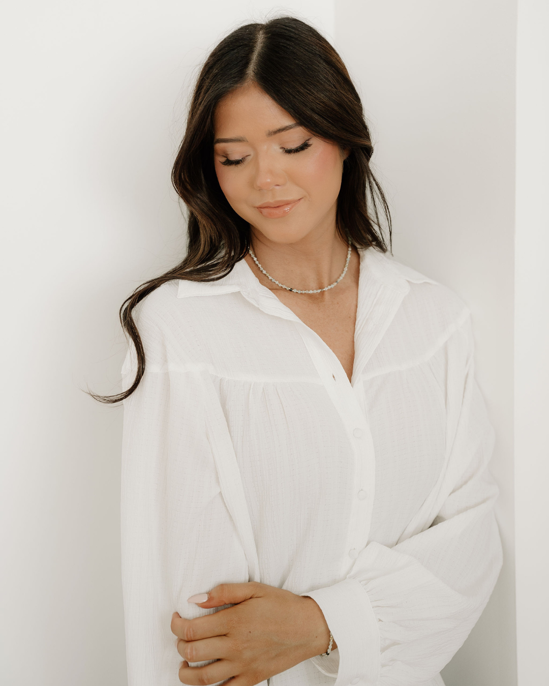 Mabel Crinkled Texture Lantern Sleeve Button Down Loose Shirt