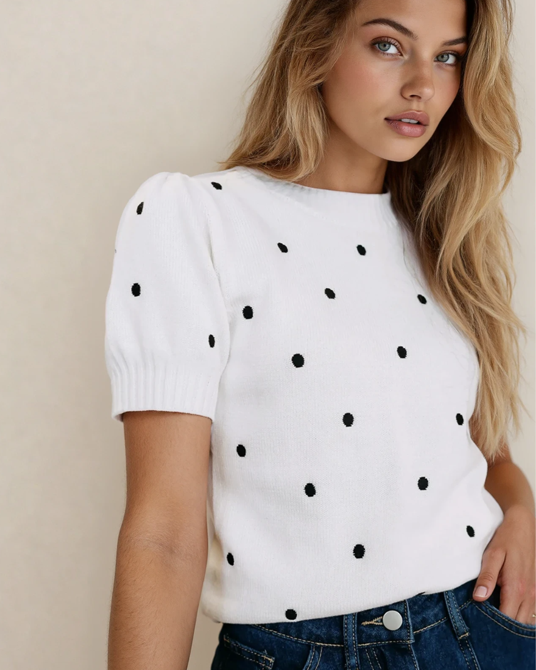 River Polka Dot Bubble Short Sleeve Sweater - White