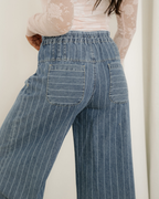 Cora Stripe Button Pleated Drawstring Waist Casual Wide Leg Jeans