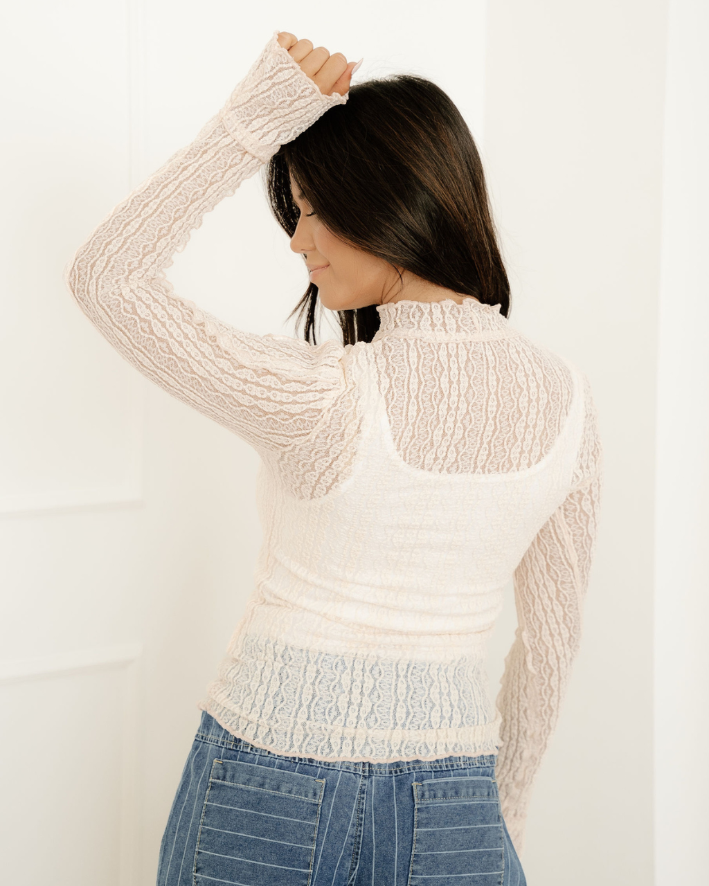 Molly Long Sleeve Mock Neck Sheer Lace Top - Apricot