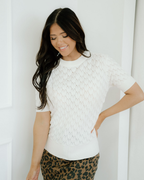 Magnolia Textured Knit Ribbed High Neck Short Sleeve Sweater - White
