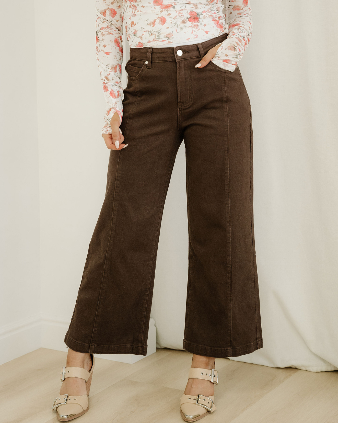 Elsie Solid Color Seamed Center Wide Leg Cropped Jeans - Red Sandalwood