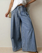 Cora Stripe Button Pleated Drawstring Waist Casual Wide Leg Jeans