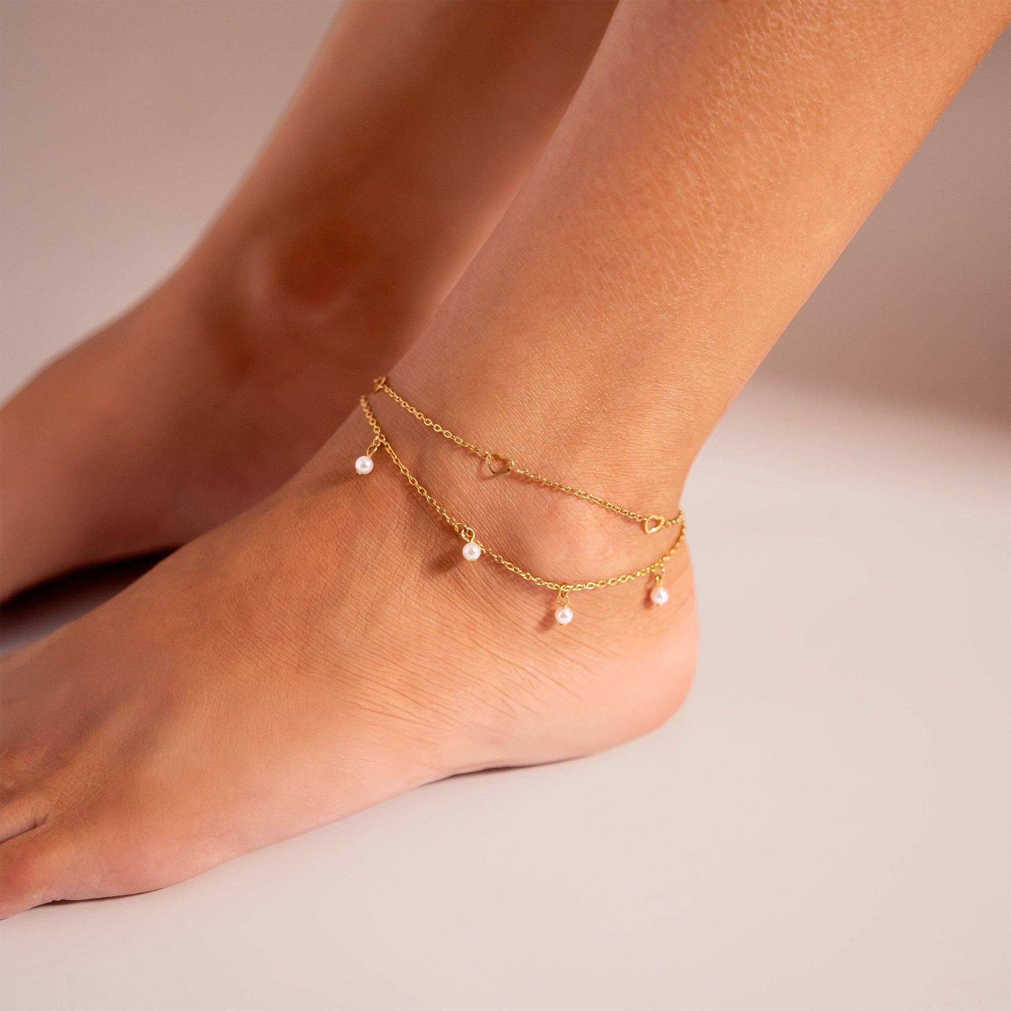 WJW - 18K Gold PVD Stainless Station Hearts Chain Anklet