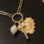Anarchy Street - Gold Dipped Cz Pave Cross Pearl And Heart Charms Chain