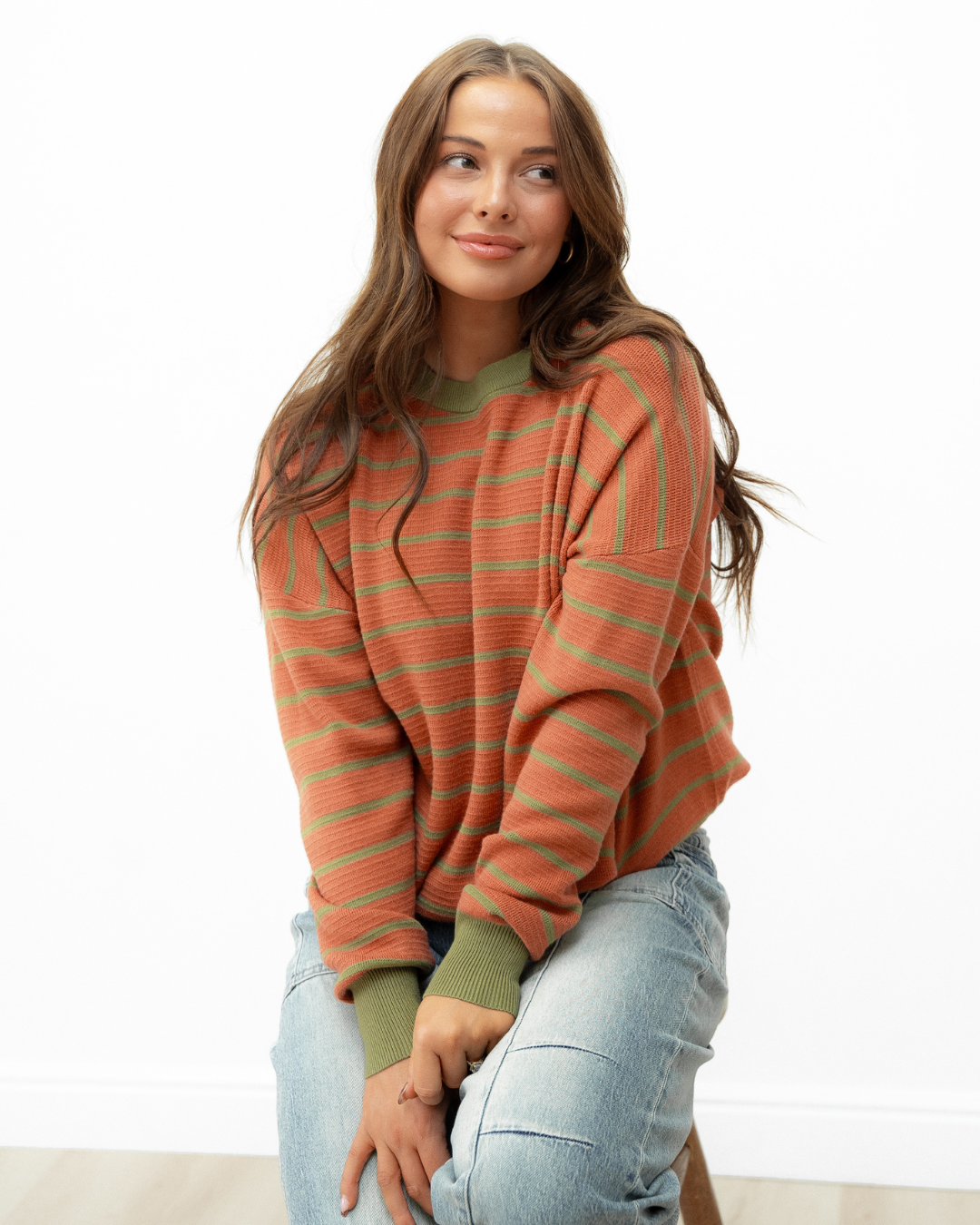 Zya Stripe Round Neck Drop Shoulder Loose Sweater - Brown
