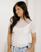 Short Sleeve Checkered Mesh Crew T Shirt - Khaki