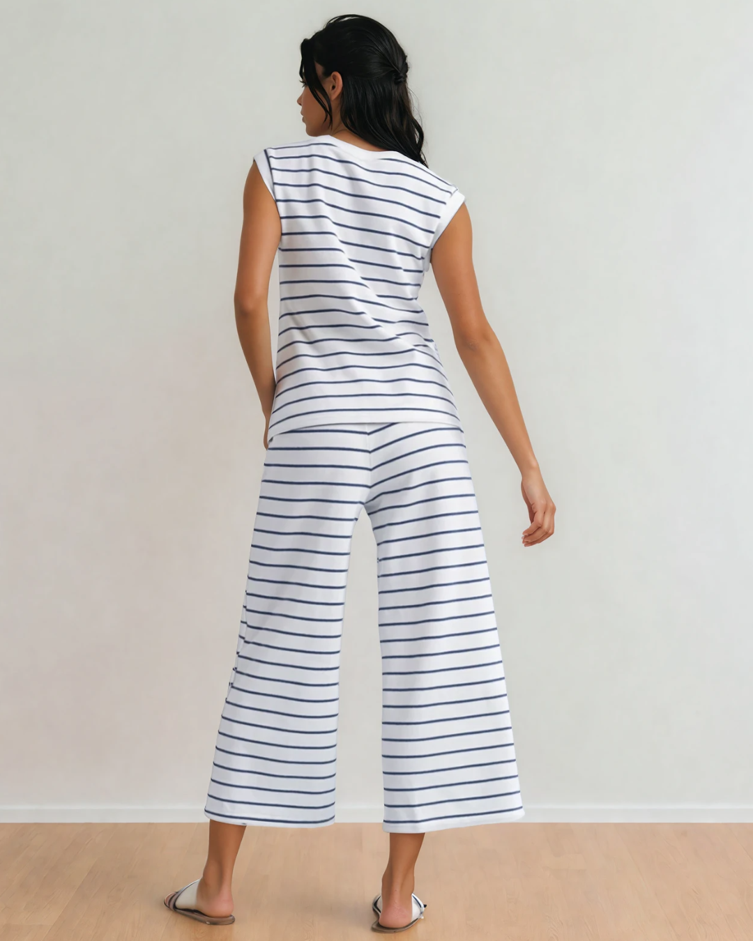 Clementine Striped Tee and Wide Leg Pants Set - Blue