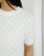 Magnolia Textured Knit Ribbed High Neck Short Sleeve Sweater - White