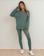 Remi Solid Color Oversize Slit Sweatshirt Ribbed Leggings 2pcs Set - Green