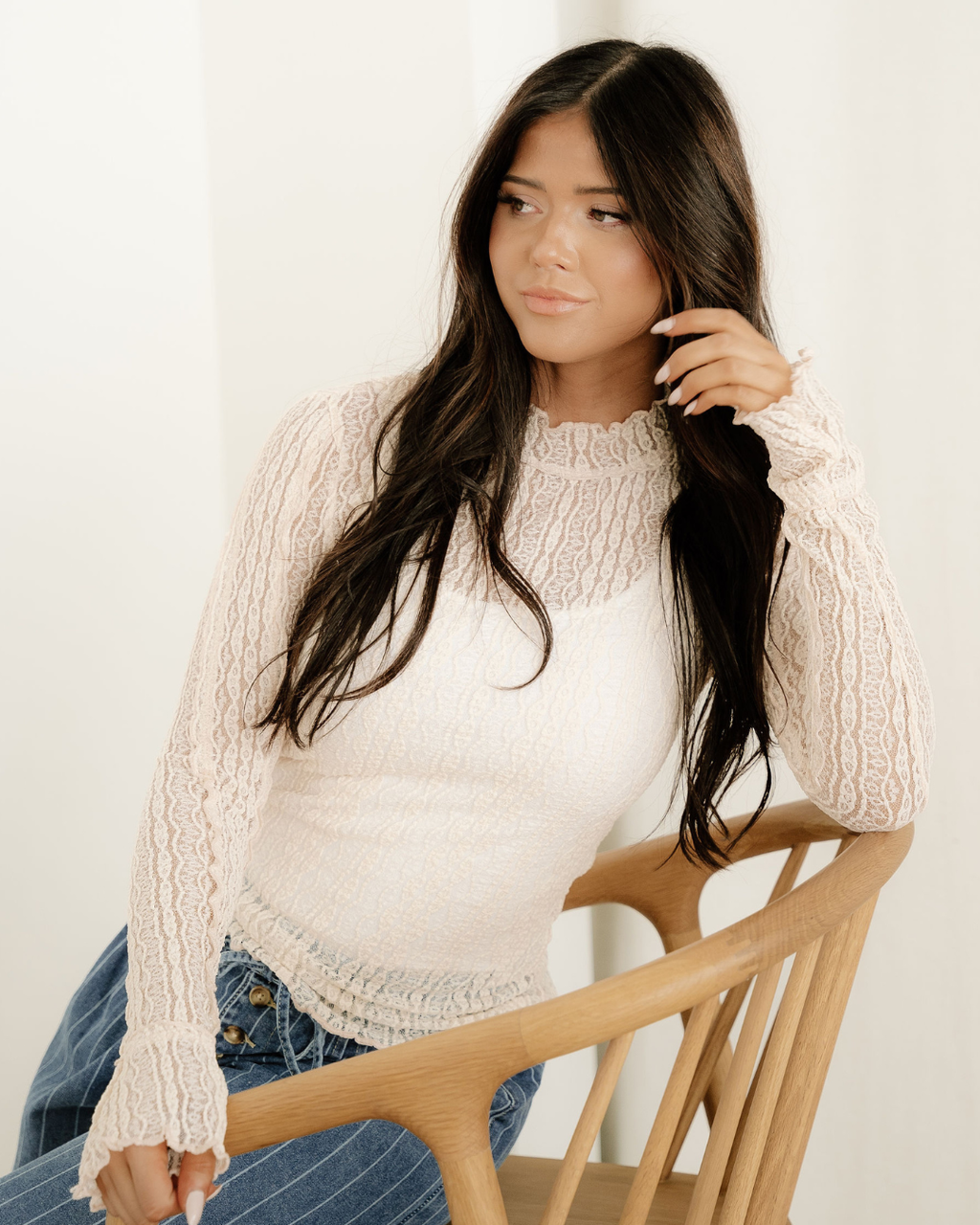 Molly Long Sleeve Mock Neck Sheer Lace Top - Apricot