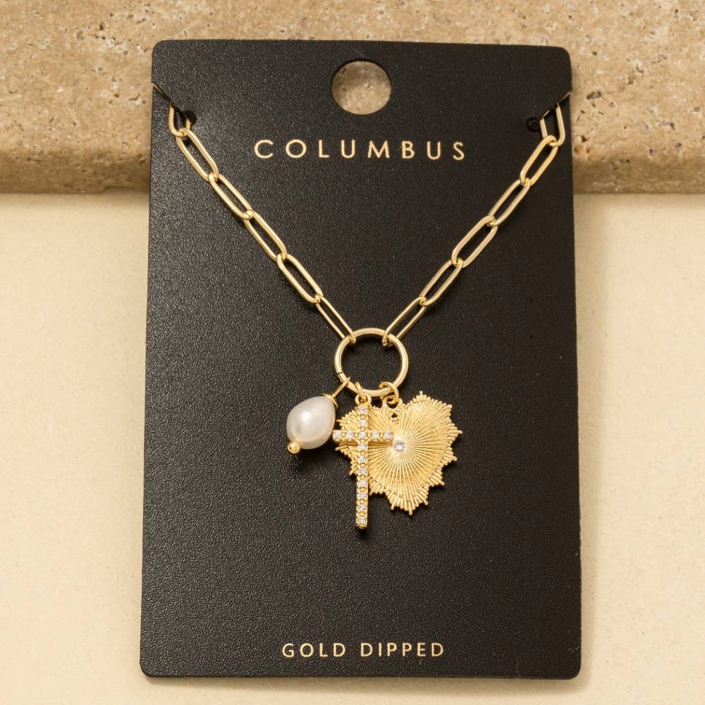 Anarchy Street - Gold Dipped Cz Pave Cross Pearl And Heart Charms Chain
