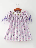 Fall Purple Floral Smocked Embroidered Girl Dress