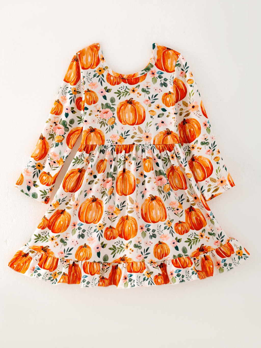 Girls FALL Pumpkin Print Long Sleeve Dress