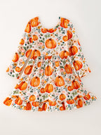 Girls FALL Pumpkin Print Long Sleeve Dress