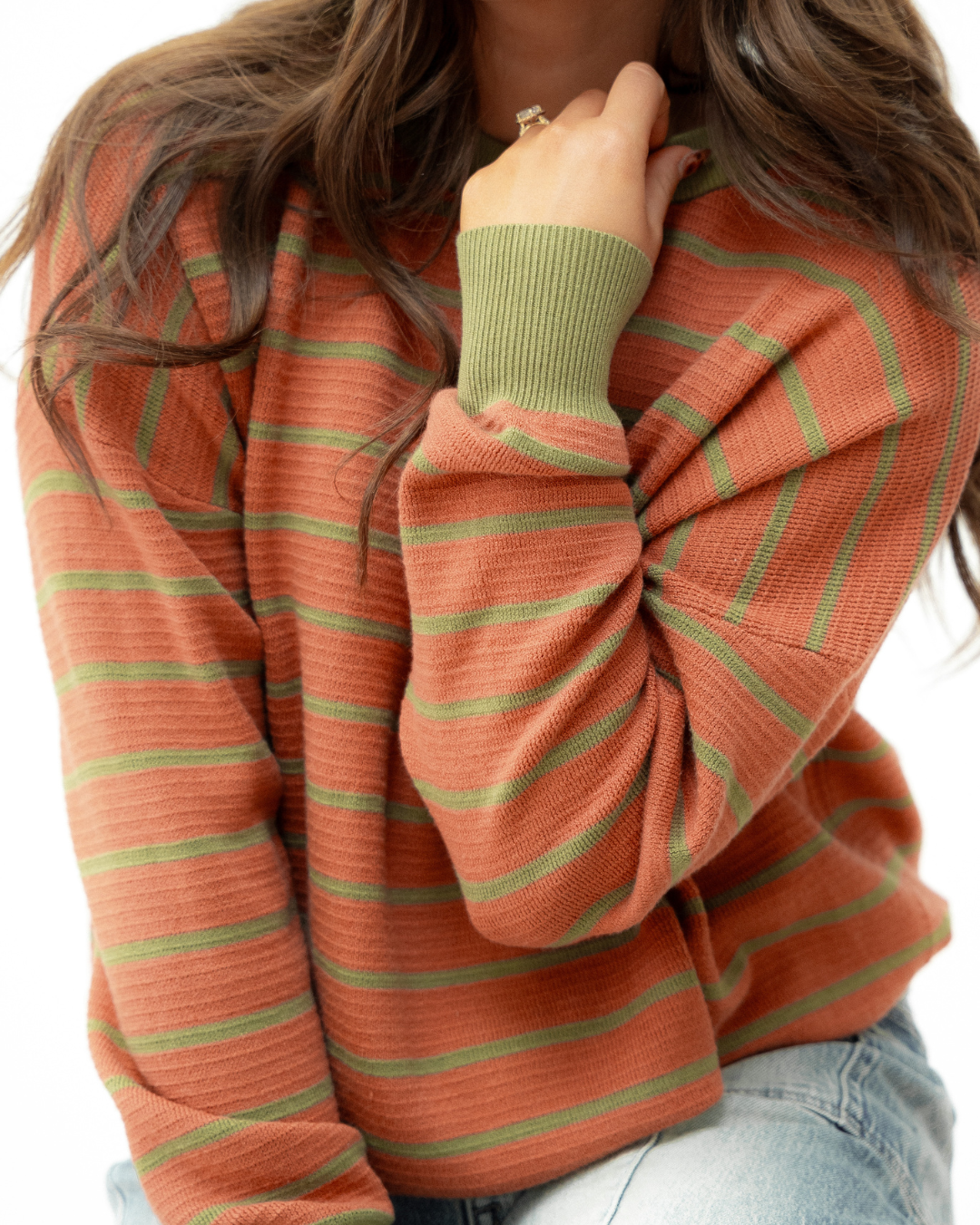 Zya Stripe Round Neck Drop Shoulder Loose Sweater - Brown