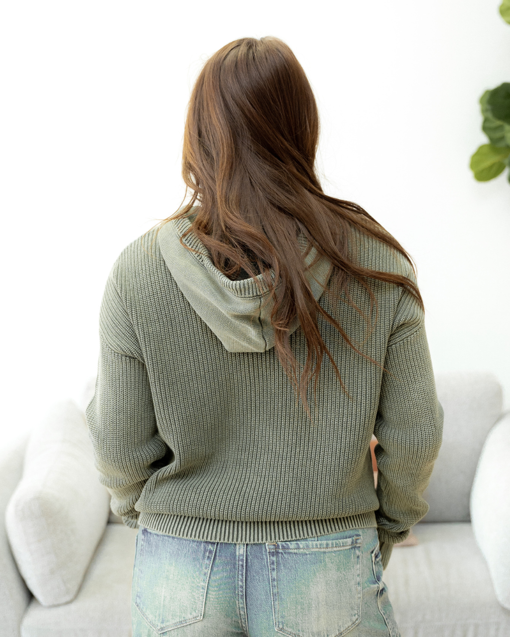 Maeve Mineral Wash Ribbed Knit Drawstring Hooded Sweater