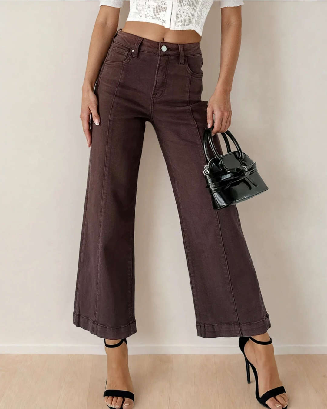 Elsie Solid Color Seamed Center Wide Leg Cropped Jeans - Red Sandalwood