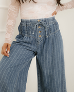 Cora Stripe Button Pleated Drawstring Waist Casual Wide Leg Jeans