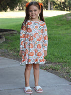Girls FALL Pumpkin Print Long Sleeve Dress