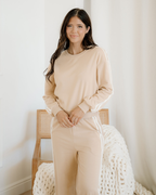 Varsity Pullover Wide Leg Pants 2pcs Outfit - Oatmeal