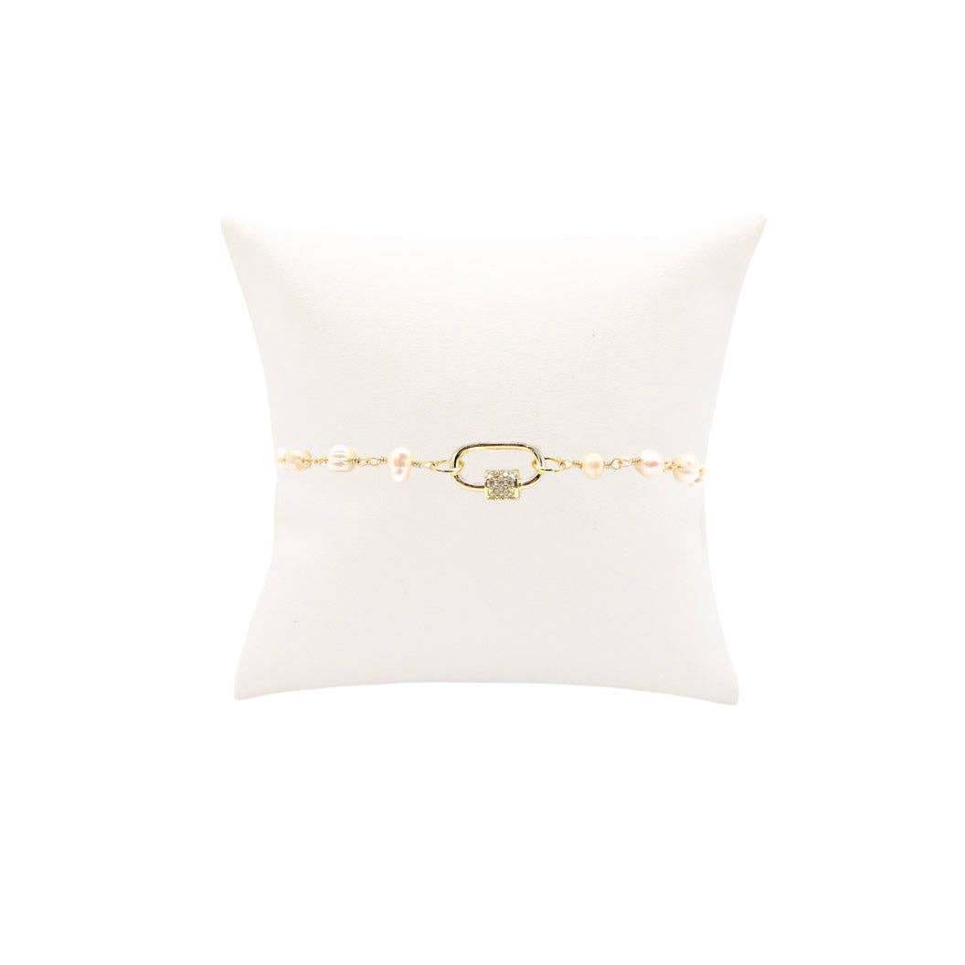 The Charm Bar Company - Gold Beth Pearl Charm Bracelet with Small Gabi Carabiner