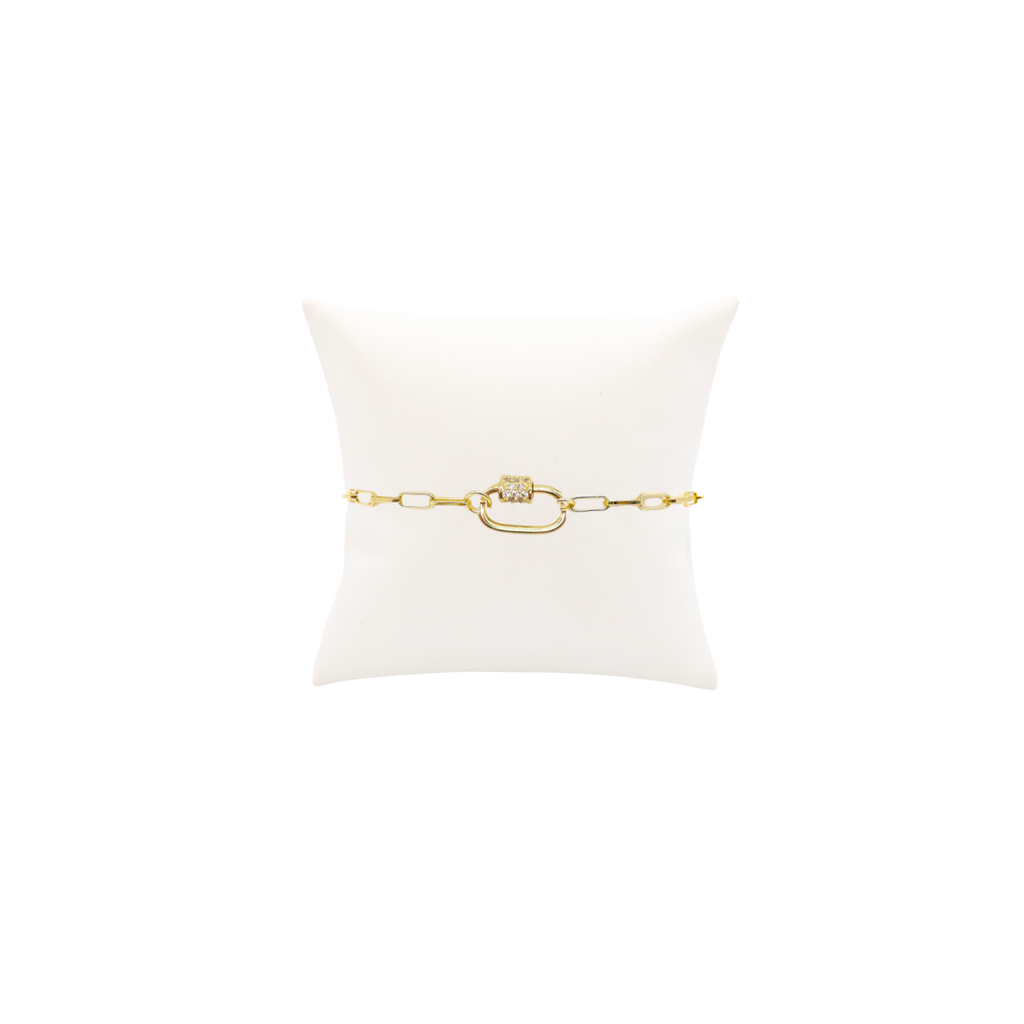 The Charm Bar Company - Gold Ashley (Box) Paperclip Chain Charm Bracelet with Clear Cubic Zirconia Small Gabi Carabiner