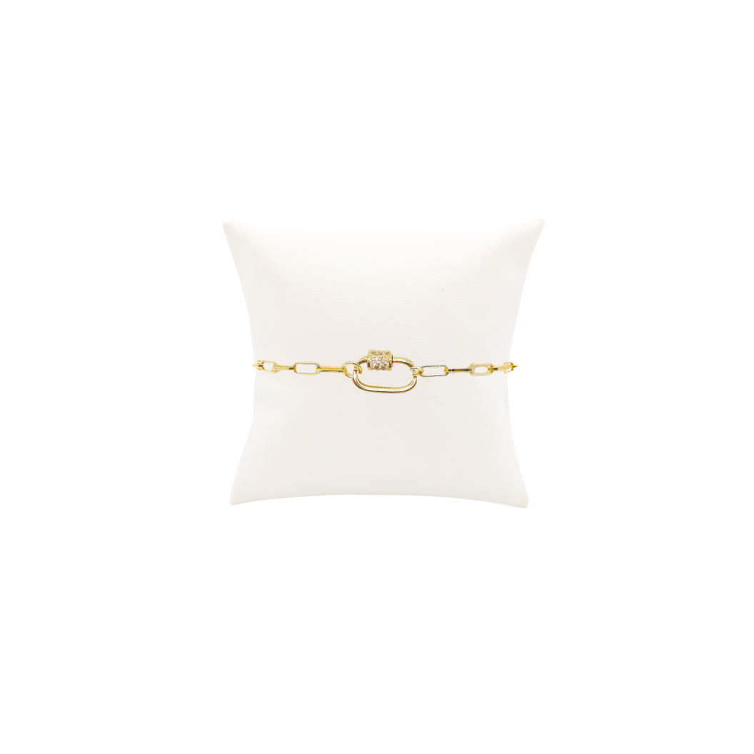 The Charm Bar Company - Gold Ashley (Box) Paperclip Chain Charm Bracelet with Clear Cubic Zirconia Small Gabi Carabiner