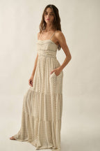 Geometric-Print Ruched Wide-Leg Tiered Ruffle Cami Jumpsuit: Oatmeal