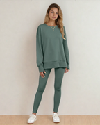 Remi Solid Color Oversize Slit Sweatshirt Ribbed Leggings 2pcs Set - Green