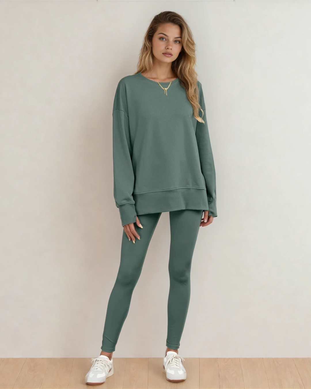 Remi Solid Color Oversize Slit Sweatshirt Ribbed Leggings 2pcs Set - Green