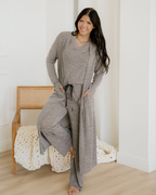 Maggie 3pcs V Neck T Shirt Ribbon Knot Pants Open Duster 3pcs Lounge Set - Gray