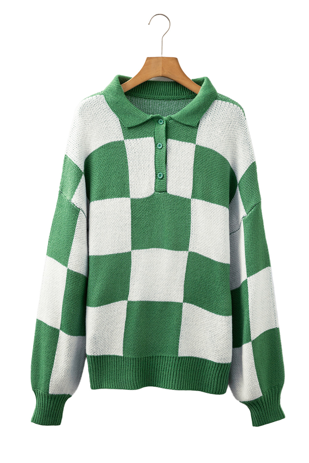 V Neck Checkered Sweater - Green