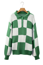 V Neck Checkered Sweater - Green