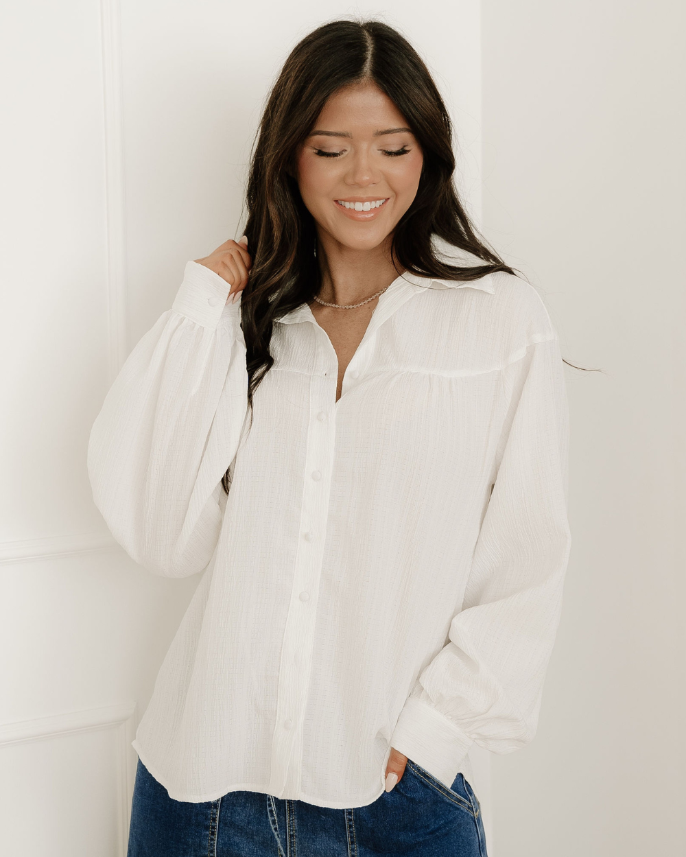 Mabel Crinkled Texture Lantern Sleeve Button Down Loose Shirt