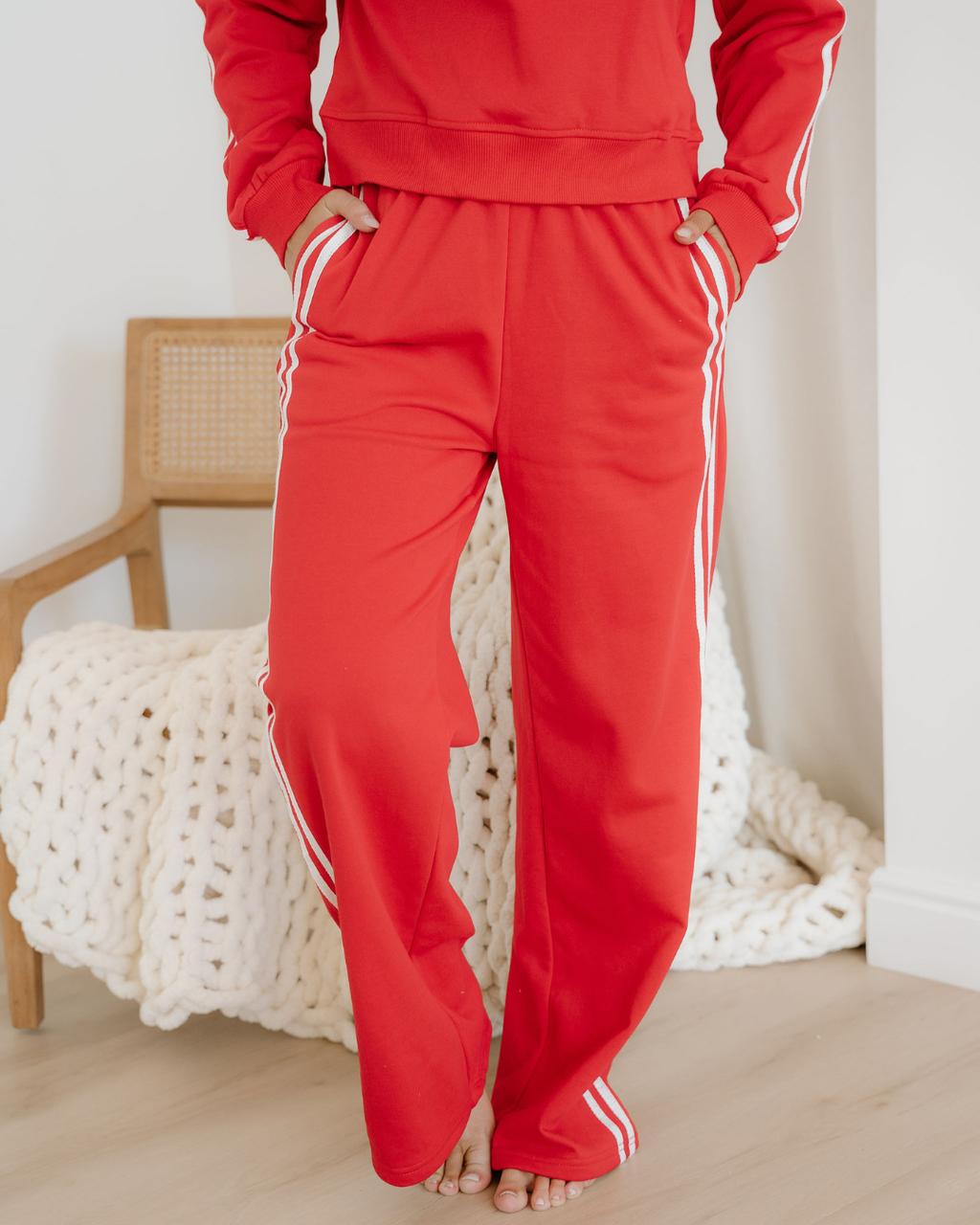 Varsity Pullover Wide Leg Pants 2pcs Outfit - Red