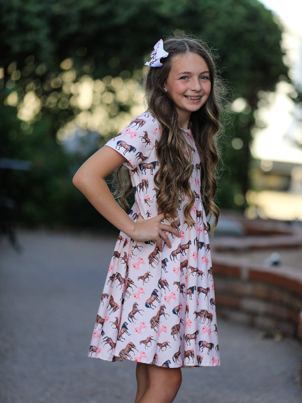 Girls Western Horse Print Twirl Dress Short Sleeve