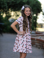 Girls Western Horse Print Twirl Dress Short Sleeve