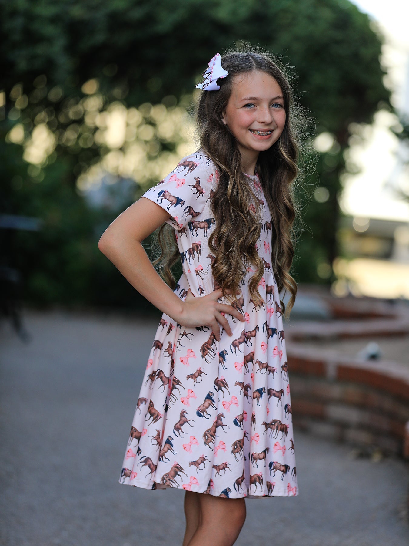 Girls Western Horse Print Twirl Dress Short Sleeve