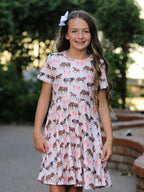 Girls Western Horse Print Twirl Dress Short Sleeve