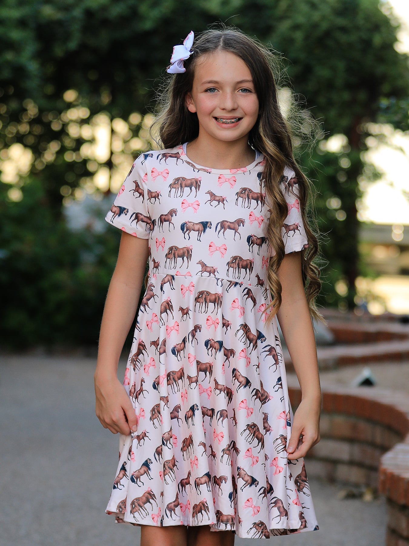 Girls Western Horse Print Twirl Dress Short Sleeve