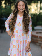 Fall Halloween & Thanksgiving Pumpkin Bow Print Long Sleeve Dress