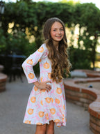 Fall Halloween & Thanksgiving Pumpkin Bow Print Long Sleeve Dress
