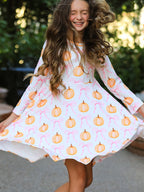 Fall Halloween & Thanksgiving Pumpkin Bow Print Long Sleeve Dress